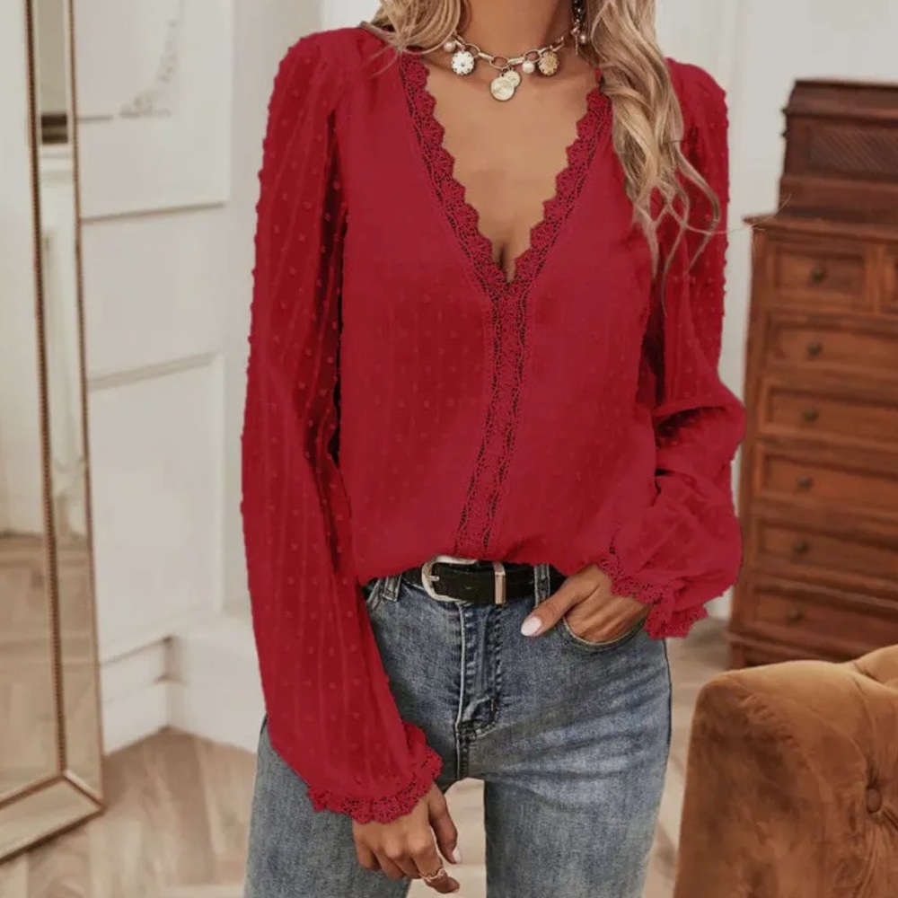 Red Lace-Trim V-Neck Long-Sleeve Blouse